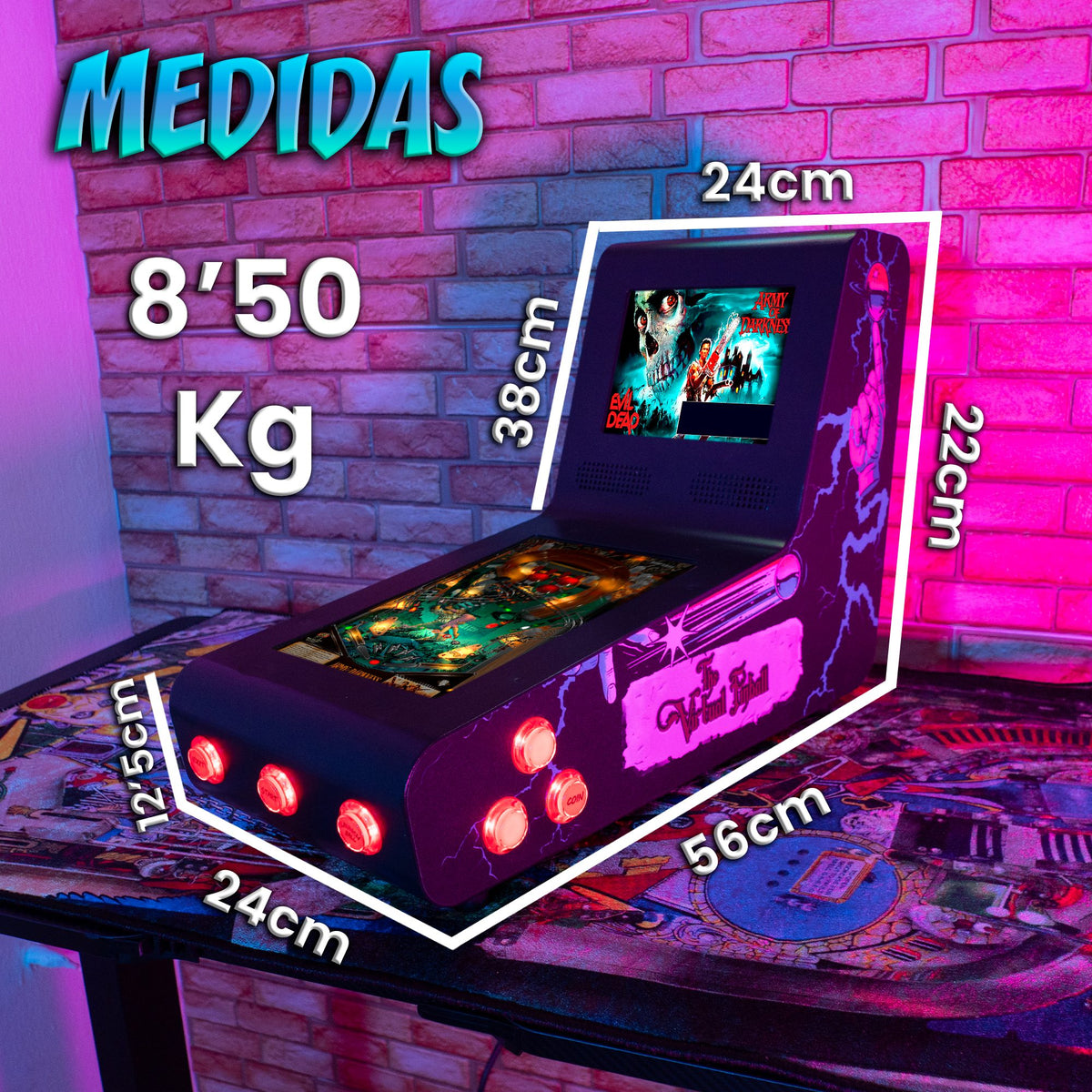 Pinball Virtual, Playfield 12″, Backglass 8″ INTEL N5105 (MiniPinball Curvo Metálico con Backglass TheFamilyAddams)