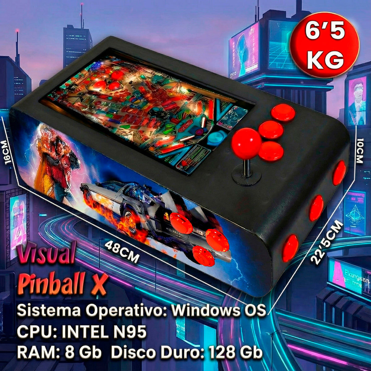 Pinball Virtual en Acero con 13.3” 1080p Playield, PC Intel N95 con 8GB RAM y 128GB M2, 12 Botones Arcade retroiluminados, Frontend PinballX, VPX y VP9 (MiniPinball Curvo Metálico Attack from the Mars Negro)
