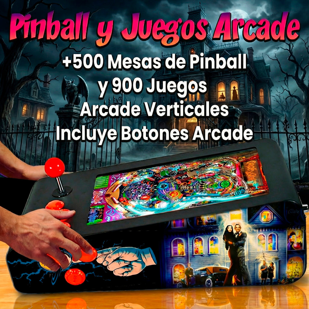 Pinball Virtual en Acero con 13.3” 1080p Playield, PC Intel N95 con 8GB RAM y 128GB M2, 12 Botones Arcade retroiluminados, Frontend PinballX, VPX y VP9 (MiniPinball Curvo Metálico TheAddamsFamily Negro)