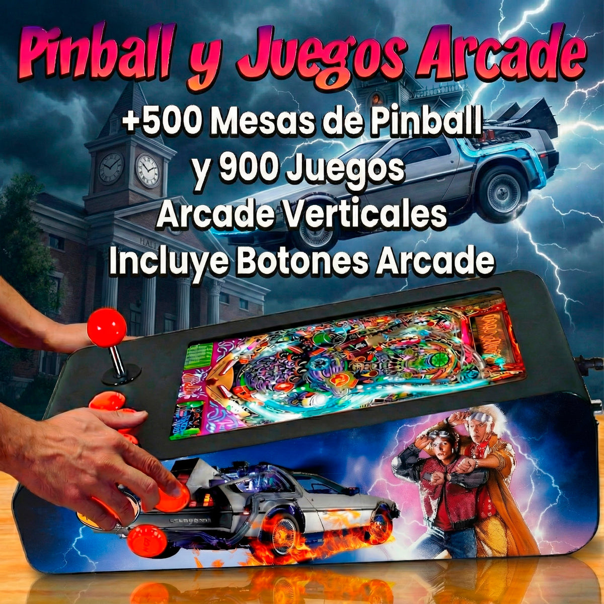 Pinball Virtual en Acero con 13.3” 1080p Playield, PC Intel N95 con 8GB RAM y 128GB M2, 12 Botones Arcade retroiluminados, Frontend PinballX, VPX y VP9 (MiniPinball Curvo Metálico BacktotheFuture Negro)