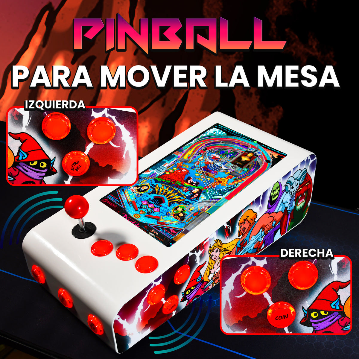 Pinball Virtual en Acero con 13.3” 1080p Playield, PC Intel N5105 con 8GB RAM y 128GB M2, 12 Botones Arcade retroiluminados, Frontend PinballX, VPX y VP9 (MiniPinball Curvo Metálico He-man Blanco)