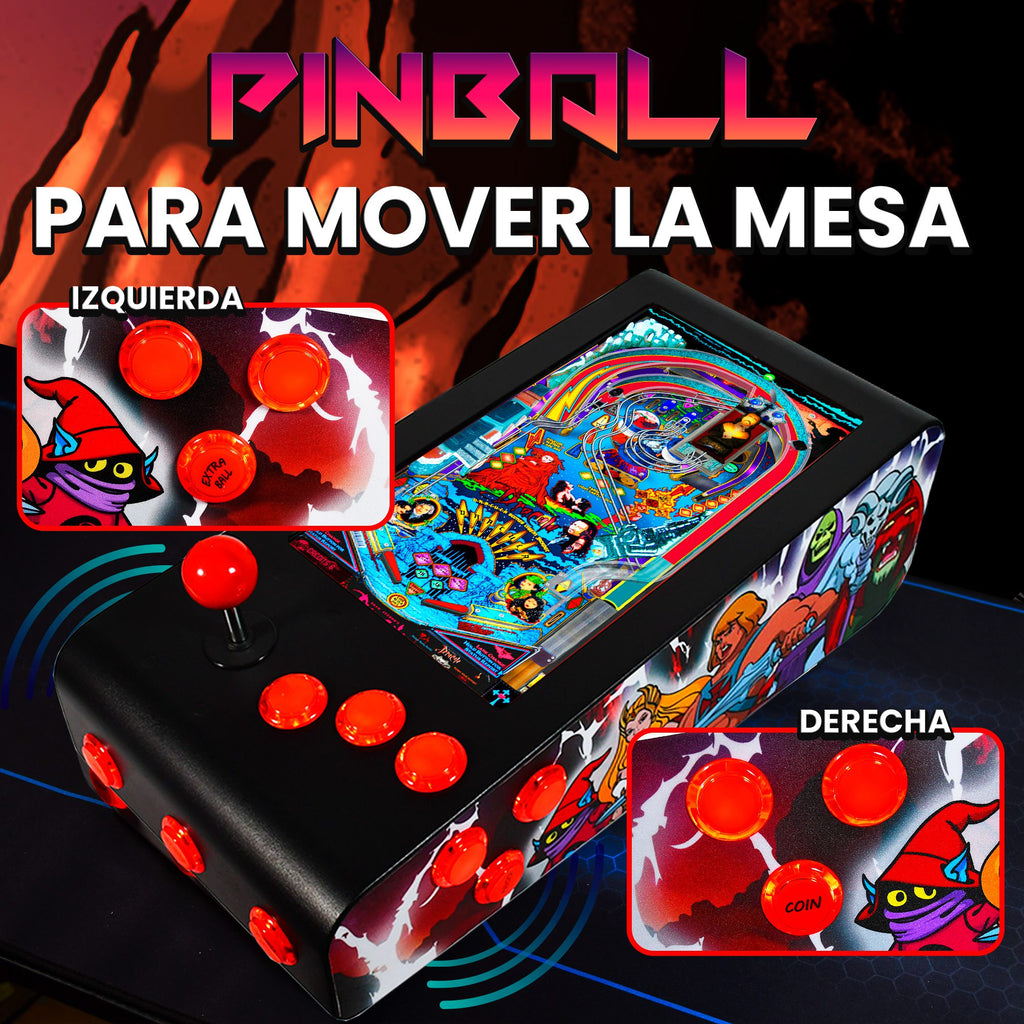 Pinball Virtual en Acero con 13.3” 1080p Playield, PC Intel N5105 con 8GB RAM y 128GB M2, 12 Botones Arcade retroiluminados, Frontend PinballX, VPX y VP9 (MiniPinball Curvo Metálico He-man Negro)