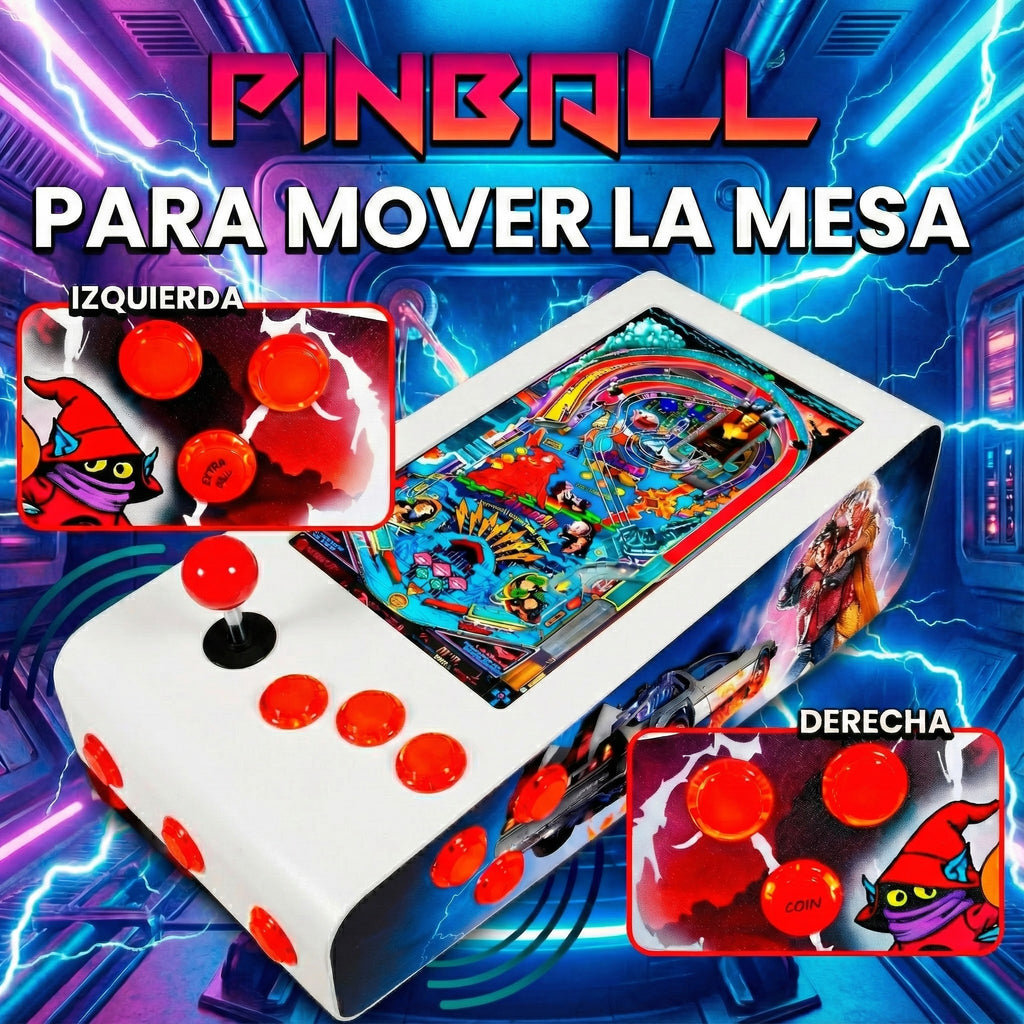 Pinball Virtual en Acero con 13.3” 1080p Playield, PC Intel N95 con 8GB RAM y 128GB M2, 12 Botones Arcade retroiluminados, Frontend PinballX, VPX y VP9 (MiniPinball Curvo Metálico Attack from the Mars Blanco)