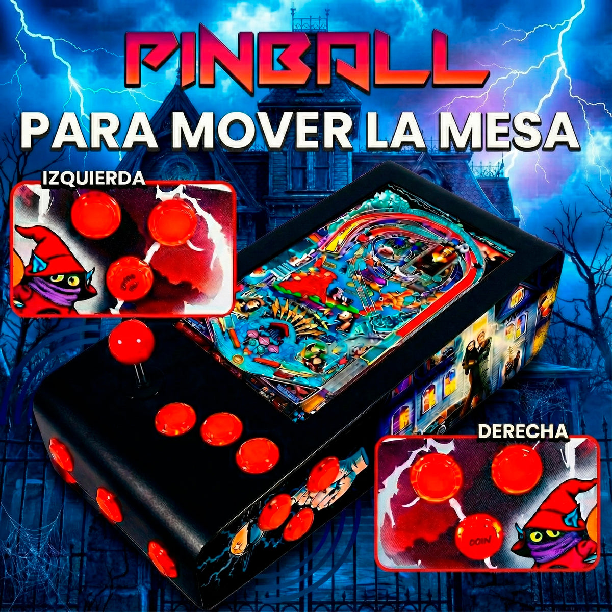 Pinball Virtual en Acero con 13.3” 1080p Playield, PC Intel N95 con 8GB RAM y 128GB M2, 12 Botones Arcade retroiluminados, Frontend PinballX, VPX y VP9 (MiniPinball Curvo Metálico TheAddamsFamily Negro)