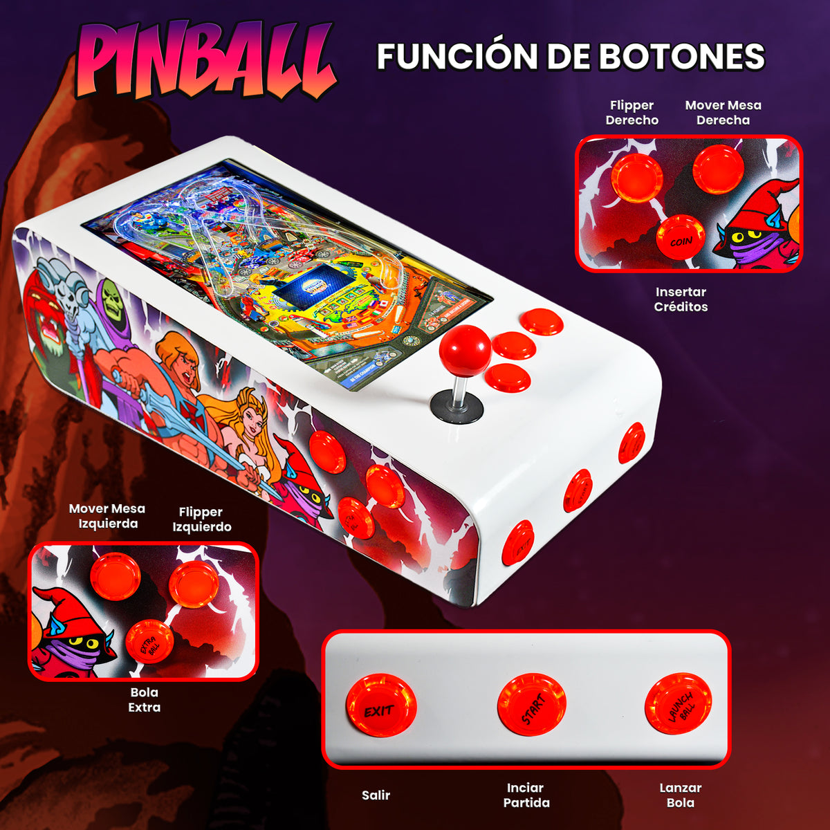 Pinball Virtual en Acero con 13.3” 1080p Playield, PC Intel N5105 con 8GB RAM y 128GB M2, 12 Botones Arcade retroiluminados, Frontend PinballX, VPX y VP9 (MiniPinball Curvo Metálico He-man Blanco)