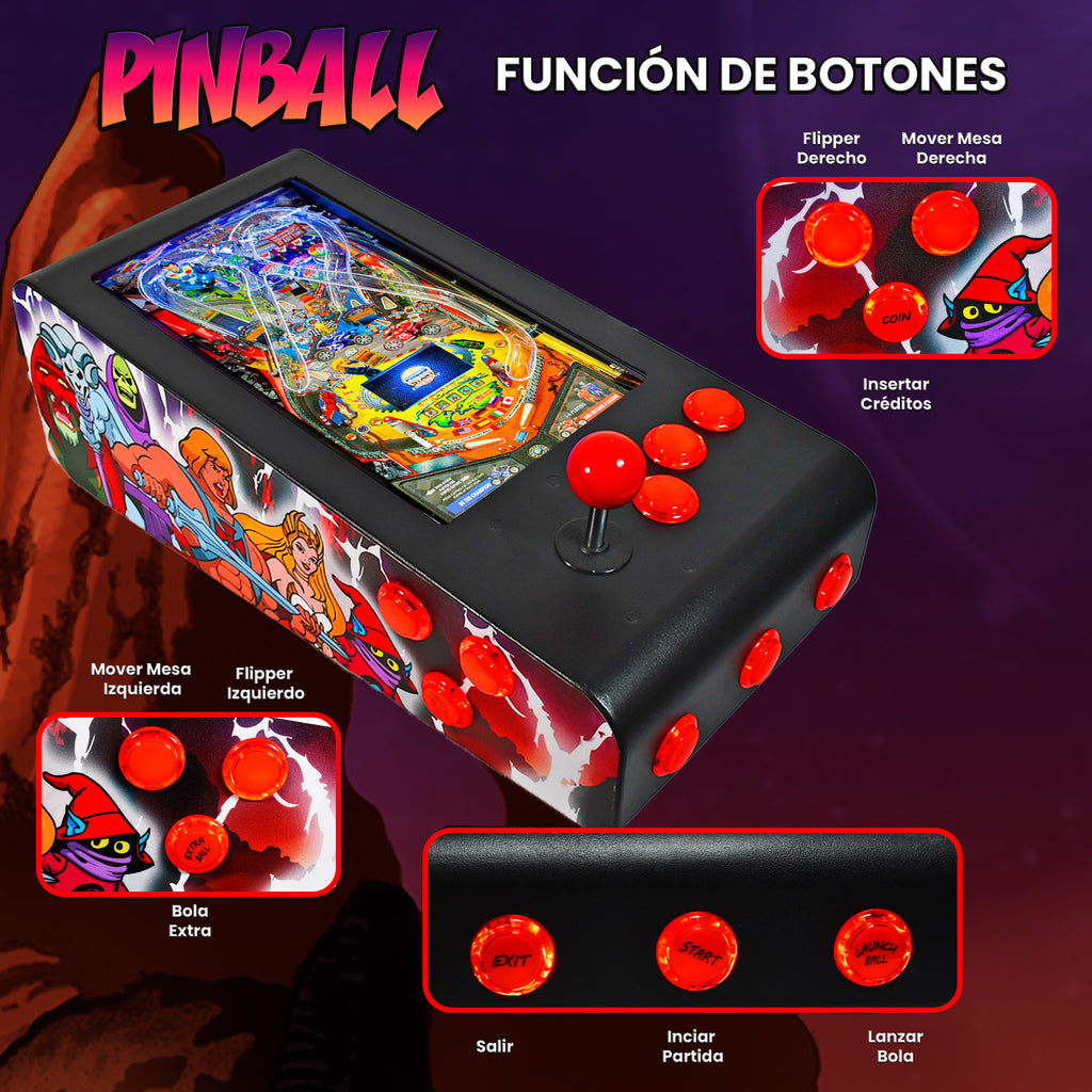 Pinball Virtual en Acero con 13.3” 1080p Playield, PC Intel N5105 con 8GB RAM y 128GB M2, 12 Botones Arcade retroiluminados, Frontend PinballX, VPX y VP9 (MiniPinball Curvo Metálico He-man Negro)