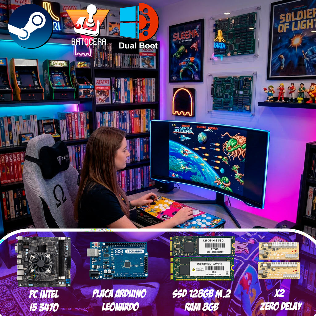 Pandora Box Premium Intel i5 3470 + 8gb RAM + Disco Duro 128gb M2 + ITX GH61TR + Dual Boot: Windows 11 + USB 256GB Batocera + Arduino Leonardo + Placas Zero Delay + Trackball + Joysticks Americanos + Botones Arcade