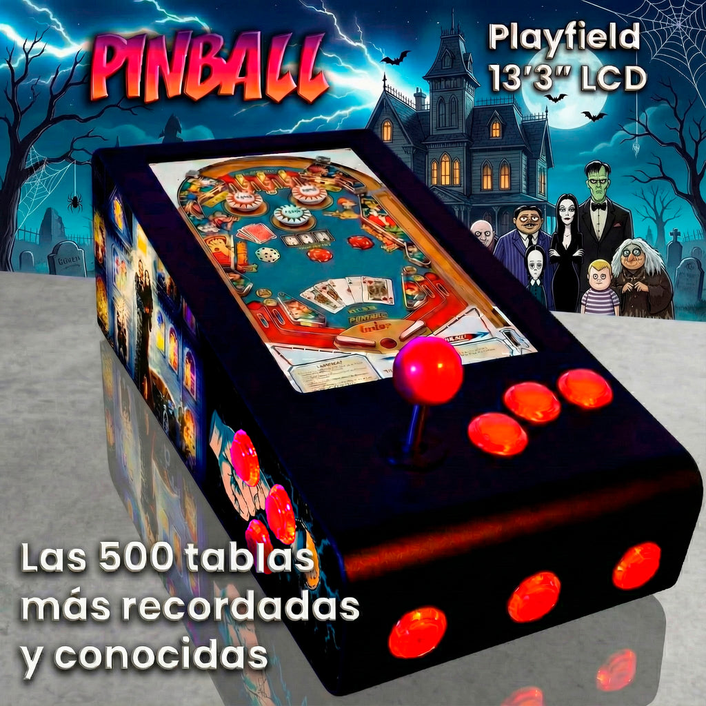 Pinball Virtual en Acero con 13.3” 1080p Playield, PC Intel N95 con 8GB RAM y 128GB M2, 12 Botones Arcade retroiluminados, Frontend PinballX, VPX y VP9 (MiniPinball Curvo Metálico TheAddamsFamily Negro)
