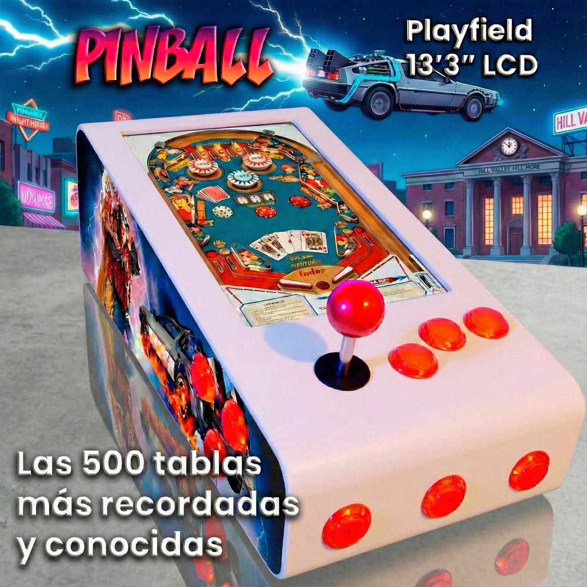 Pinball Virtual en Acero con 13.3” 1080p Playield, PC Intel N95 con 8GB RAM y 128GB M2, 12 Botones Arcade retroiluminados, Frontend PinballX, VPX y VP9 (MiniPinball Curvo Metálico Attack from the Mars Blanco)
