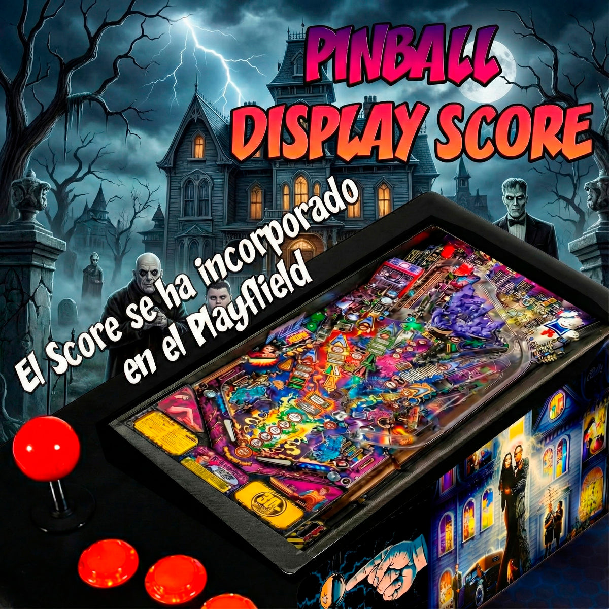 Pinball Virtual en Acero con 13.3” 1080p Playield, PC Intel N95 con 8GB RAM y 128GB M2, 12 Botones Arcade retroiluminados, Frontend PinballX, VPX y VP9 (MiniPinball Curvo Metálico TheAddamsFamily Negro)