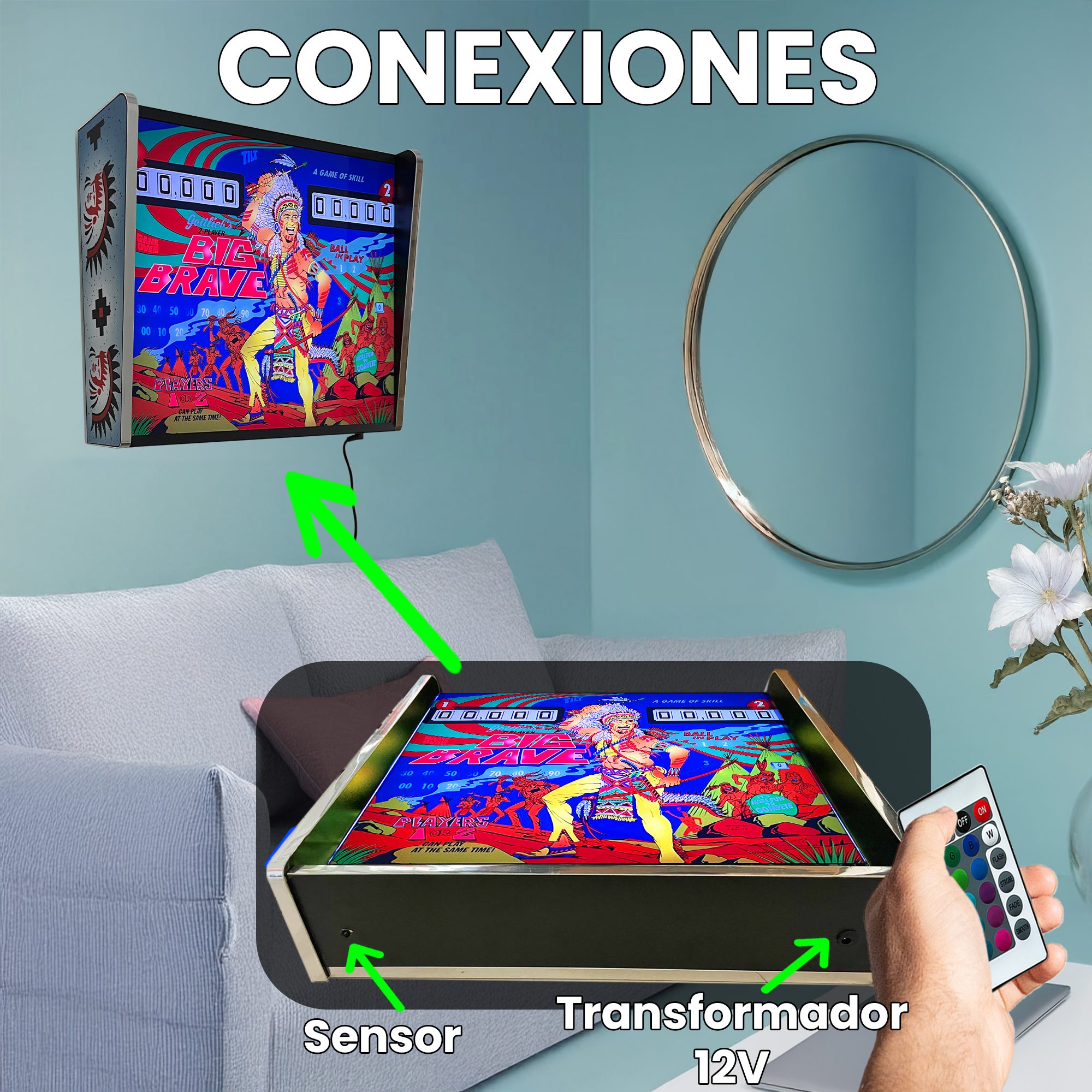 Backglass Pincab Flipper Pinball Big Brave, Ideal para Decorar habitaci贸n Gaming Sala Arcade, Incluye Mando a Distancia con Distintos Modos de iluminaci贸n Ambiente - Imagen 3