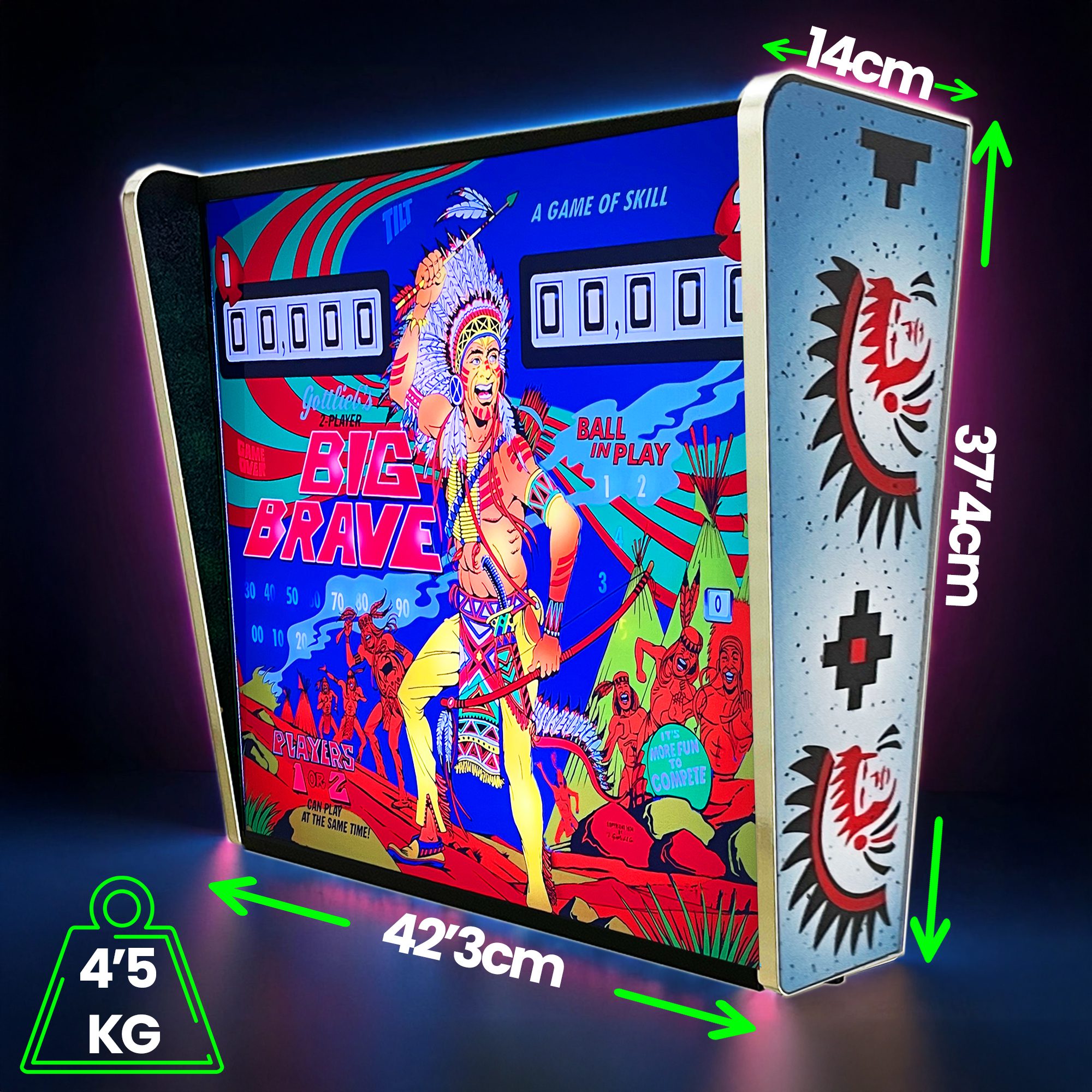Backglass Pincab Flipper Pinball Big Brave, Ideal para Decorar habitaci贸n Gaming Sala Arcade, Incluye Mando a Distancia con Distintos Modos de iluminaci贸n Ambiente - Imagen 2