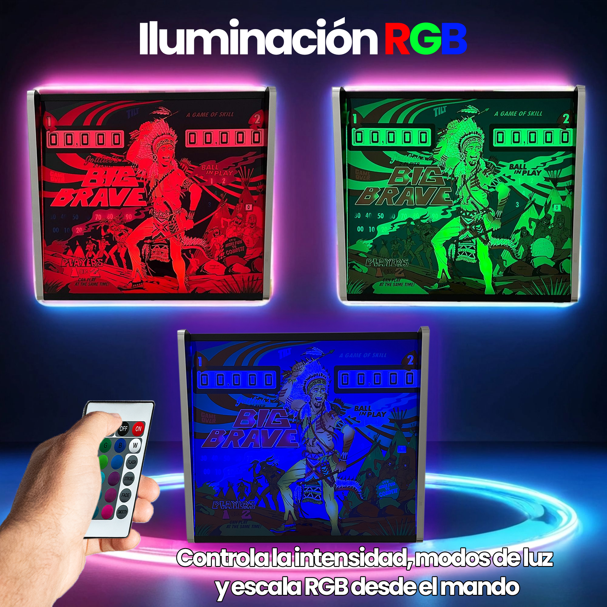 Backglass Pincab Flipper Pinball Big Brave, Ideal para Decorar habitaci贸n Gaming Sala Arcade, Incluye Mando a Distancia con Distintos Modos de iluminaci贸n Ambiente - Imagen 4