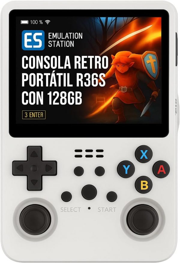 Consola Retro R36S Portátil 128GB – 15.000+ titulos (Blanca)