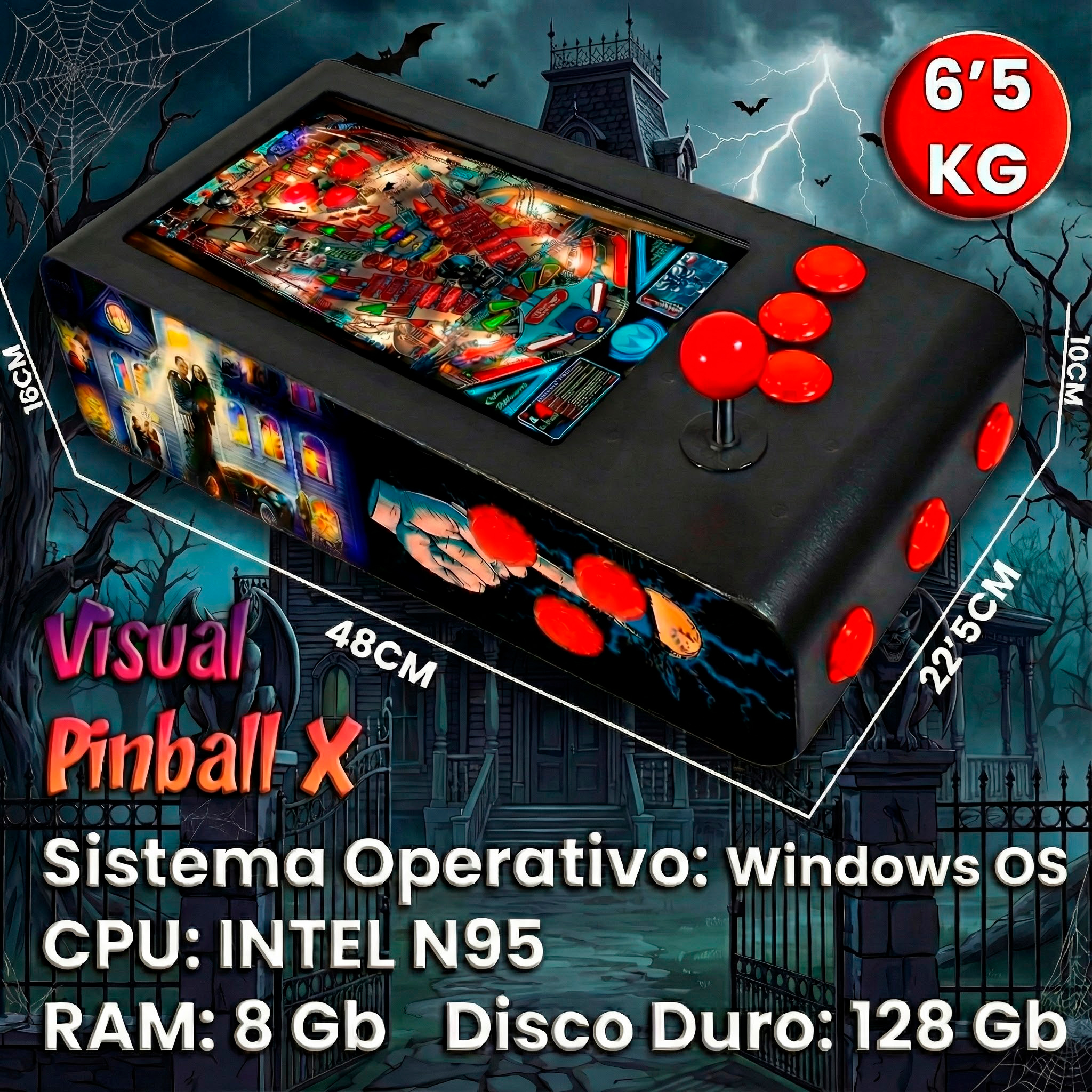 Pinball Virtual en Acero con 13.3” 1080p Playield, PC Intel N95 con 8GB RAM y 128GB M2, 12 Botones Arcade retroiluminados, Frontend PinballX, VPX y VP9 (MiniPinball Curvo Metálico TheAddamsFamily Negro) - Imagen 7